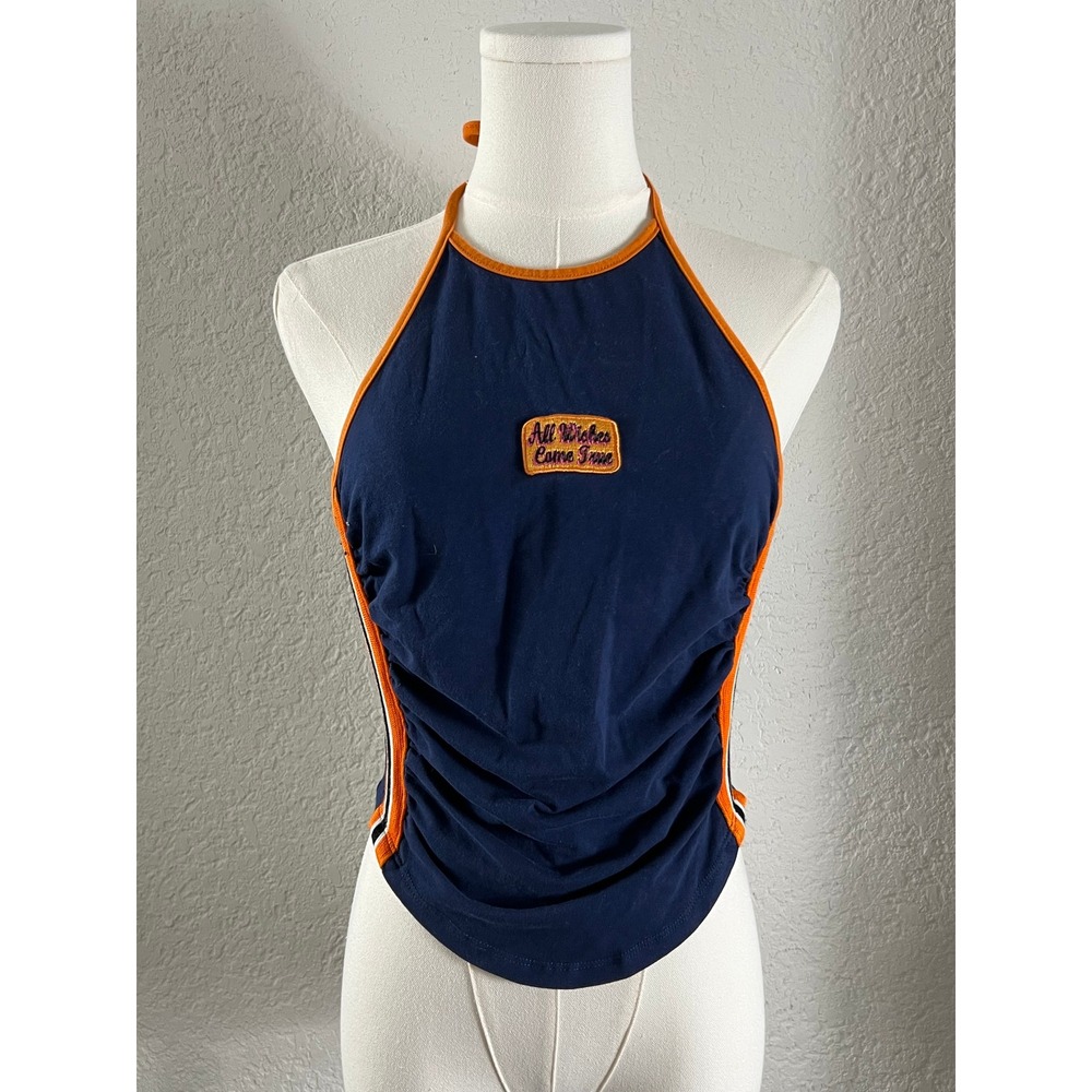 Y2K Halter Top Navy Blue Orange Racing Stripe Ruched Retro Skater Rave Festival